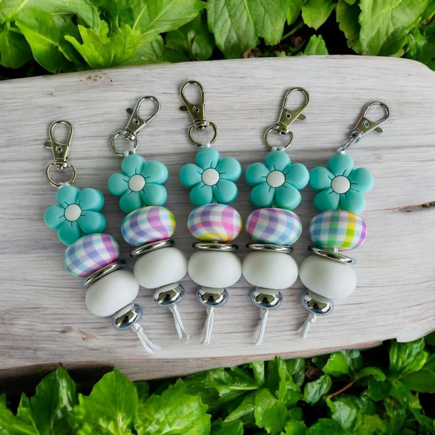 Teal Flower/Rainbow Gingham Silicone Keychain - Sienna Sews