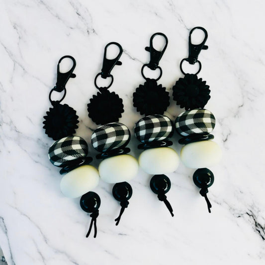 Black Flower and Gingham Keychain
